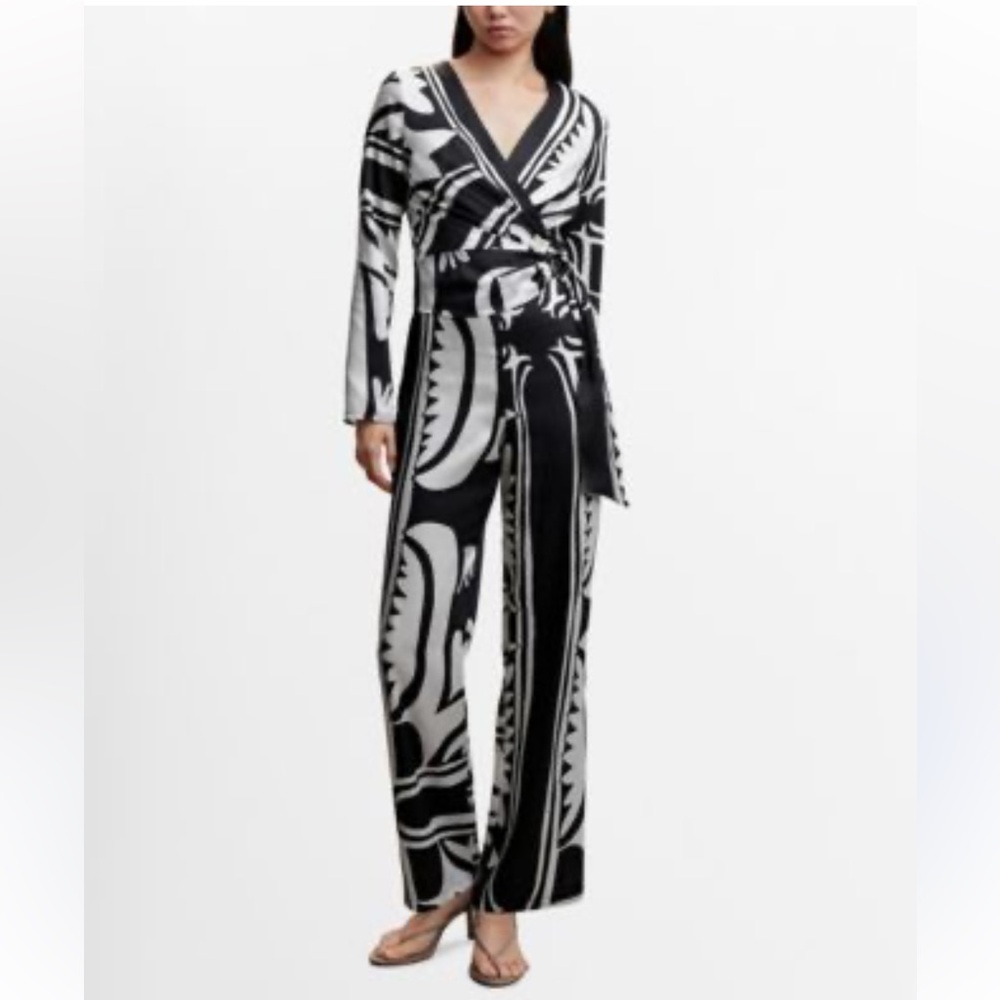 MANGO Long Sleeve Satin Italian Fabric Print Buckle Jumpsuit XS